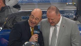 Ryan Reaves jokes with Pierre McGuire by giving a quick shining!